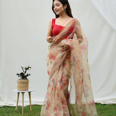 Floral Beads and Stones Organza Saree