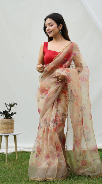 Floral Beads and Stones Organza Saree