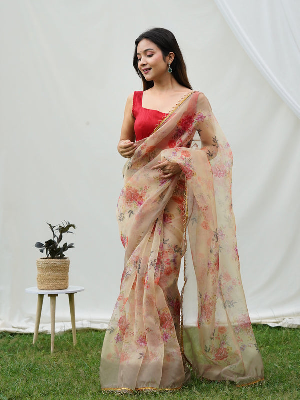 Floral Beads and Stones Organza Saree