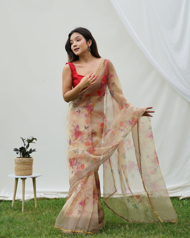Floral Beads and Stones Organza Saree