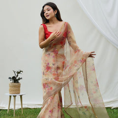 Floral Beads and Stones Organza Saree