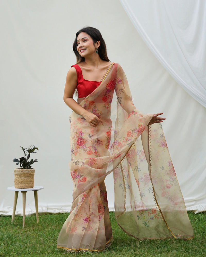 Floral Beads and Stones Organza Saree