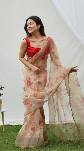 Floral Beads and Stones Organza Saree