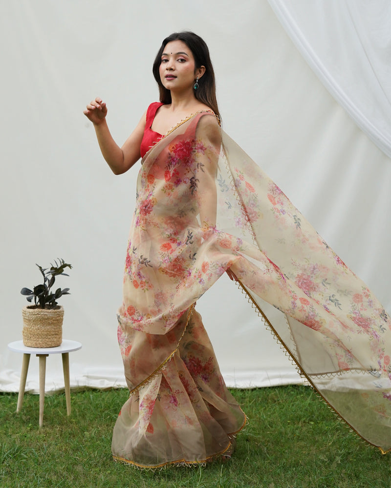 Floral Beads and Stones Organza Saree