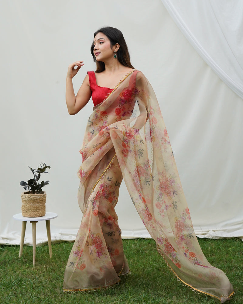 Floral Beads and Stones Organza Saree