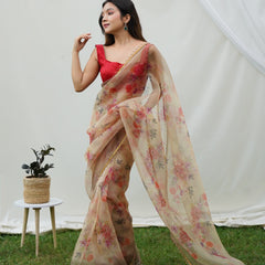 Floral Beads and Stones Organza Saree