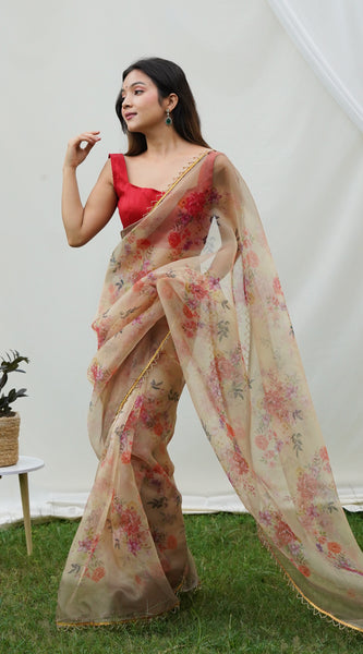 Floral Beads and Stones Organza Saree