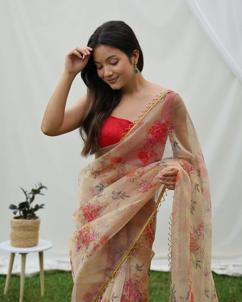 Floral Beads and Stones Organza Saree
