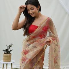 Floral Beads and Stones Organza Saree