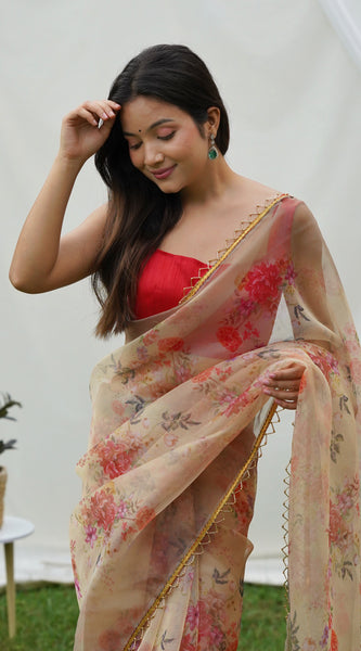 Floral Beads and Stones Organza Saree