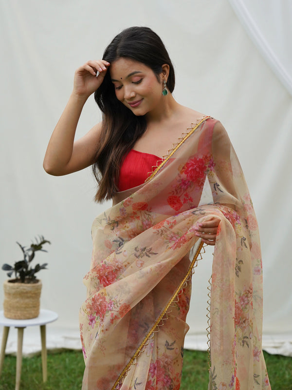 Floral Beads and Stones Organza Saree