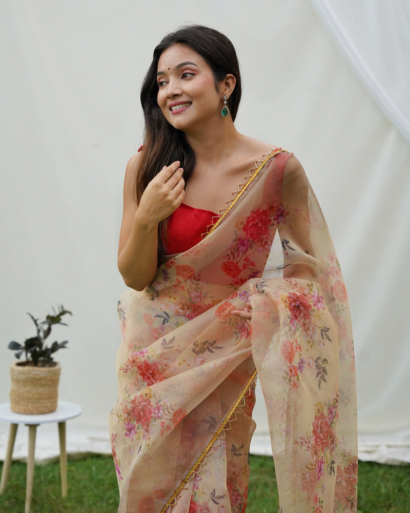 Floral Beads and Stones Organza Saree