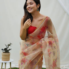 Floral Beads and Stones Organza Saree