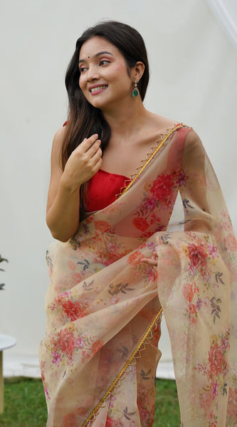 Floral Beads and Stones Organza Saree