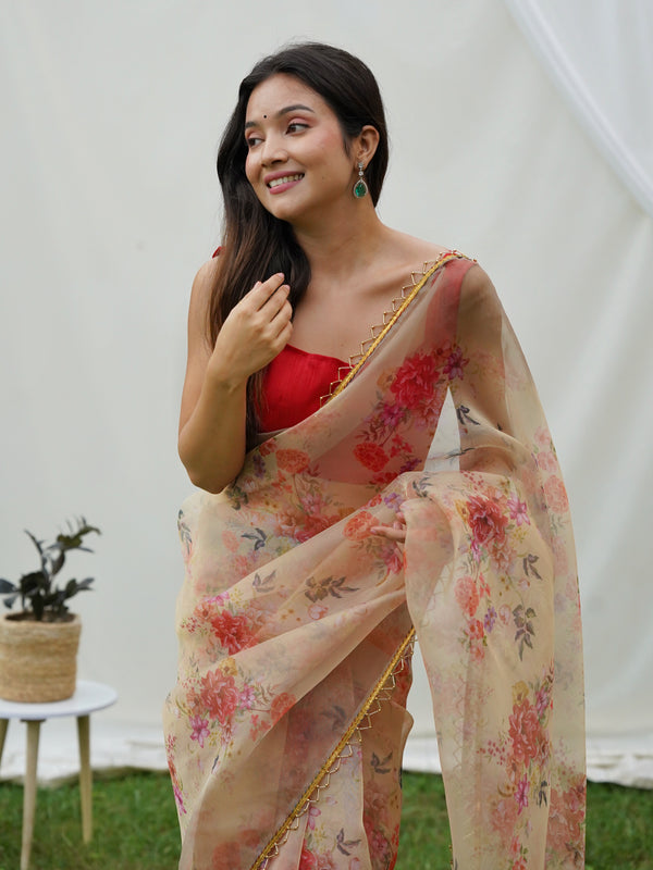 Floral Beads and Stones Organza Saree