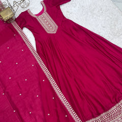 Dark Pink Pure Vichitra Silk Anarkali Lehenga