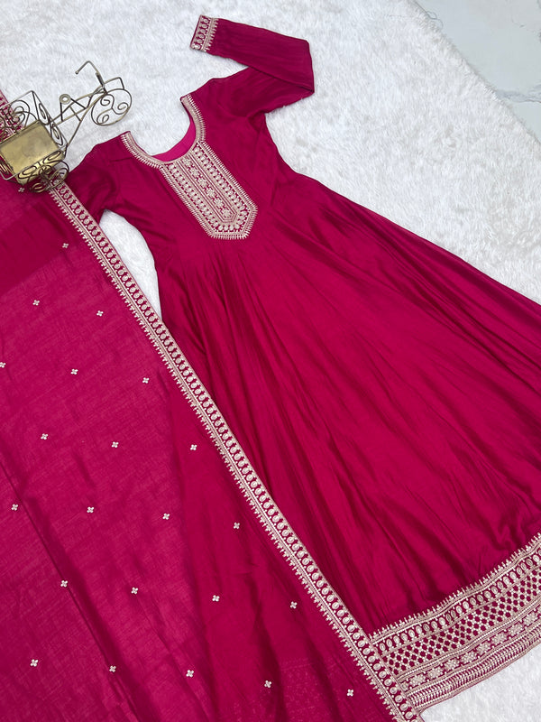 Dark Pink Pure Vichitra Silk Anarkali Lehenga