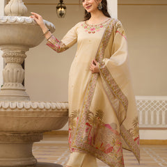Beige Embroidered with Tropical Border Dresses
