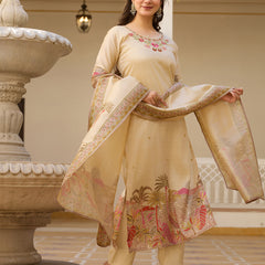 Beige Embroidered with Tropical Border Dresses