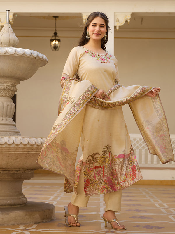 Beige Embroidered with Tropical Border Dresses