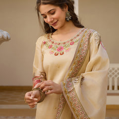 Beige Embroidered with Tropical Border Dresses