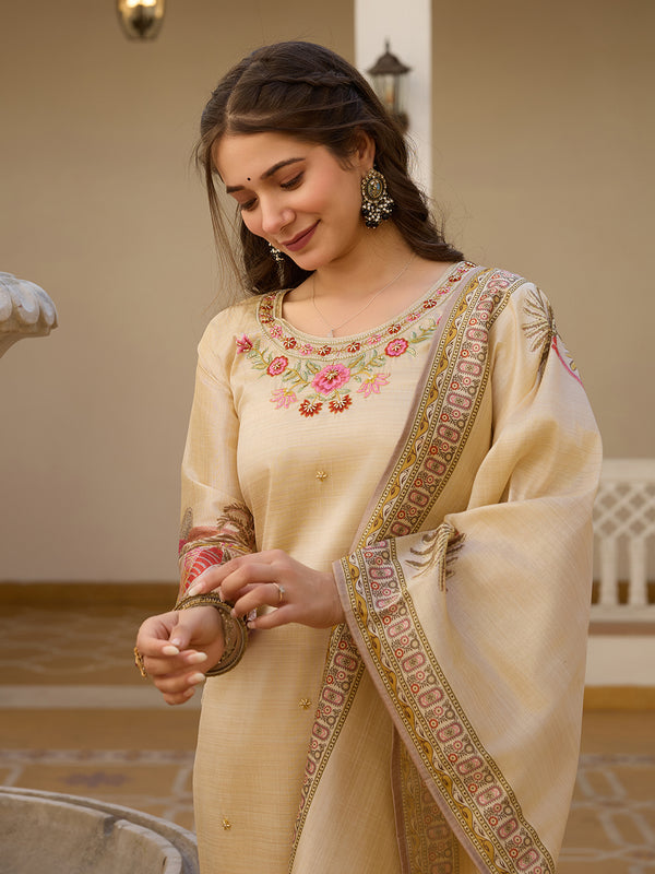 Beige Embroidered with Tropical Border Dresses