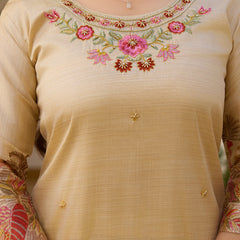 Beige Embroidered with Tropical Border Dresses
