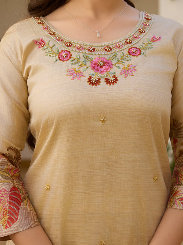 Beige Embroidered with Tropical Border Dresses