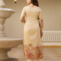 Beige Embroidered with Tropical Border Dresses