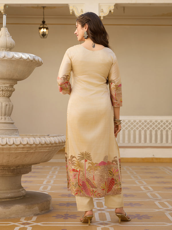 Beige Embroidered with Tropical Border Dresses