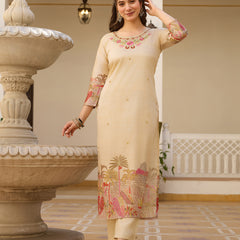 Beige Embroidered with Tropical Border Dresses