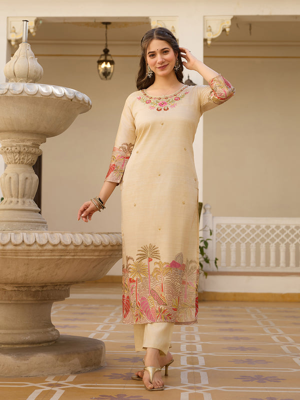 Beige Embroidered with Tropical Border Dresses