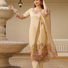 Beige Embroidered with Tropical Border Dresses
