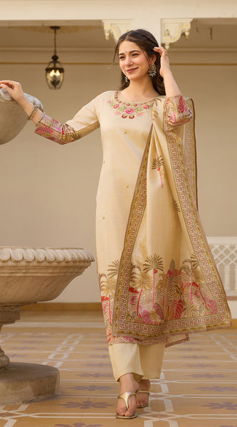 Beige Embroidered with Tropical Border Dresses