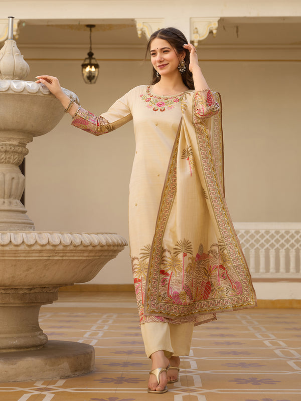Beige Embroidered with Tropical Border Dresses