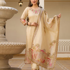 Beige Embroidered with Tropical Border Dresses