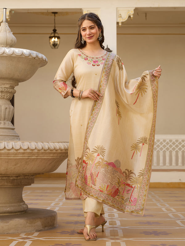 Beige Embroidered with Tropical Border Dresses