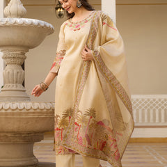 Beige Embroidered with Tropical Border Dresses