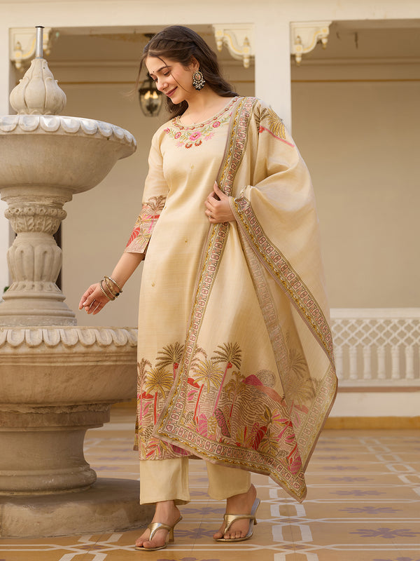 Beige Embroidered with Tropical Border Dresses