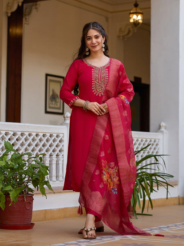 Fuchsia Pink Embroidered Festive Dresses