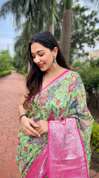 Banarasi Silk Printed With Floral Zari Border Saree