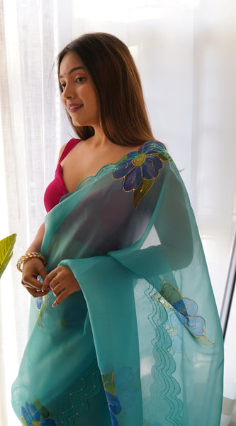 Pure Organza Designer Saree With Heavy Printed Saree Look