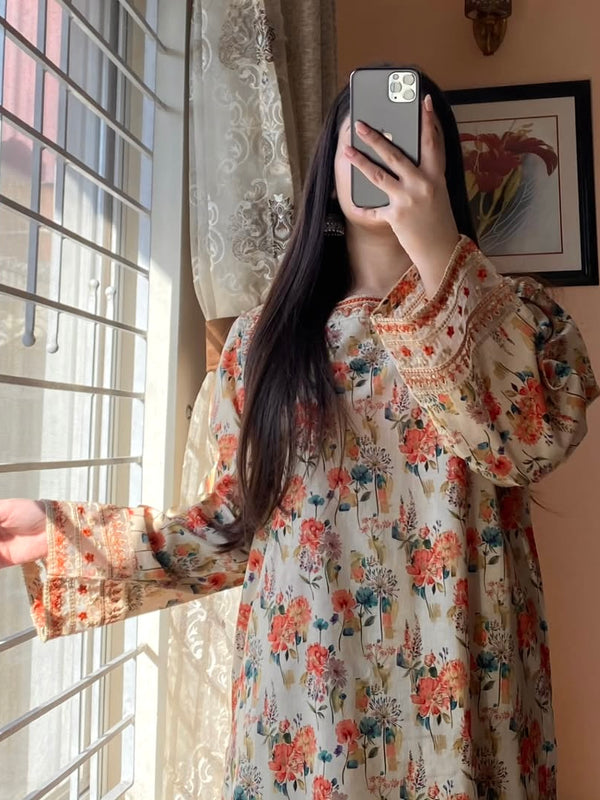 Natural Crepe Printed Embroidered Co-Ord Sets