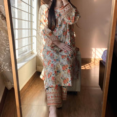 Natural Crepe Printed Embroidered Co-Ord Sets