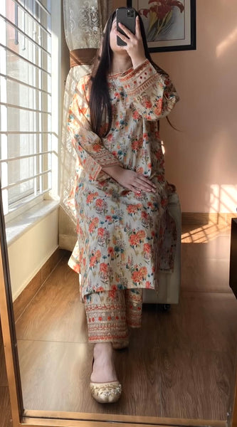 Natural Crepe Printed Embroidered Co-Ord Sets