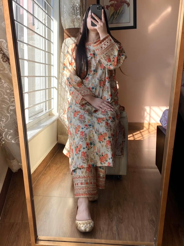Natural Crepe Printed Embroidered Co-Ord Sets