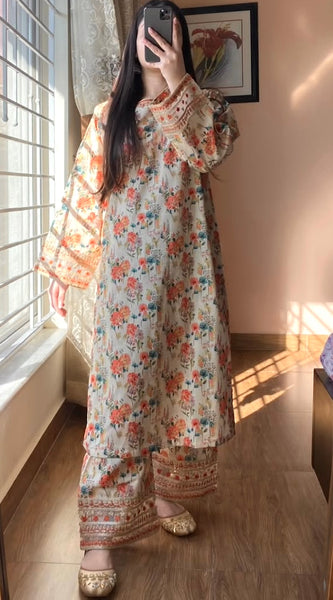 Natural Crepe Printed Embroidered Co-Ord Sets