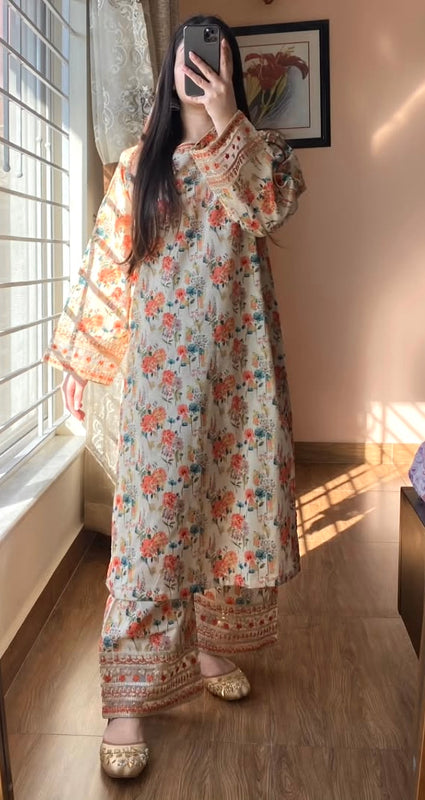 Natural Crepe Printed Embroidered Co-Ord Sets