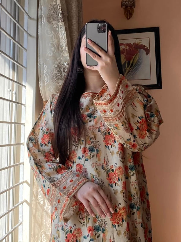Natural Crepe Printed Embroidered Co-Ord Sets