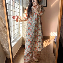 Natural Crepe Printed Embroidered Co-Ord Sets